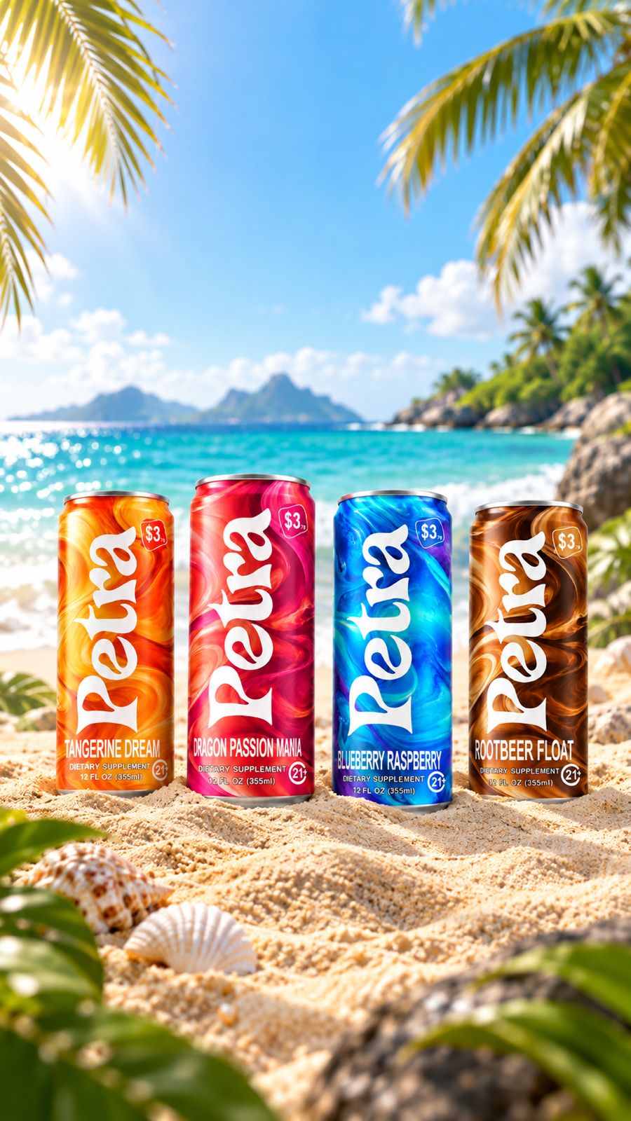 The four Petra cans standing in wet sand with the ocean behind them
