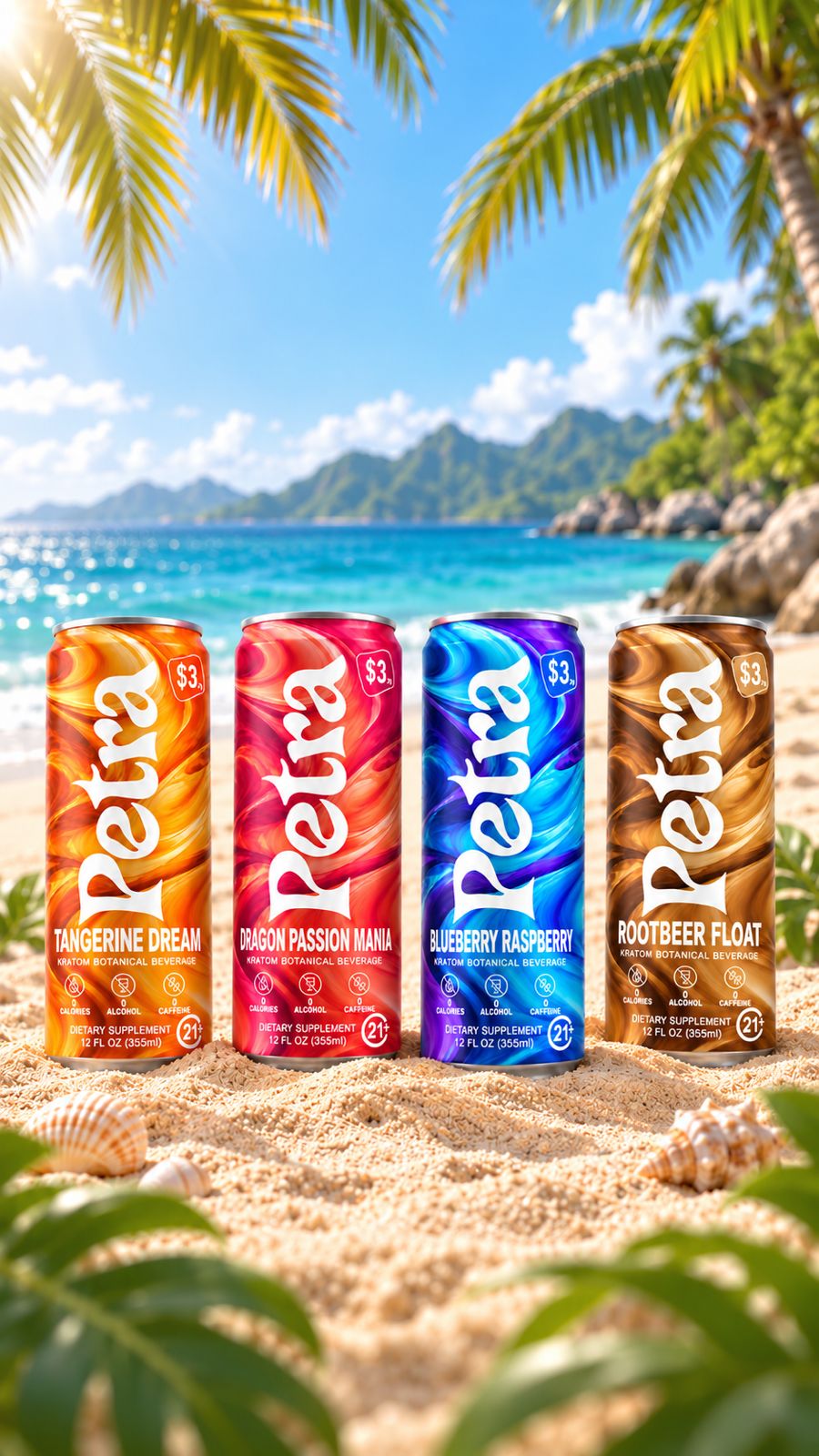 The four Petra flavors standing in beach sand with the ocean and palms behind them