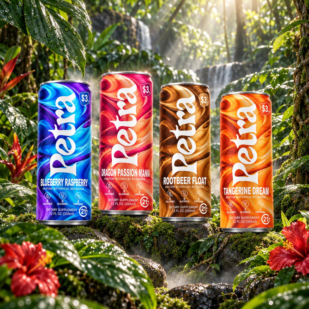 The four Petra flavors lined up on wet stone in front of a waterfall