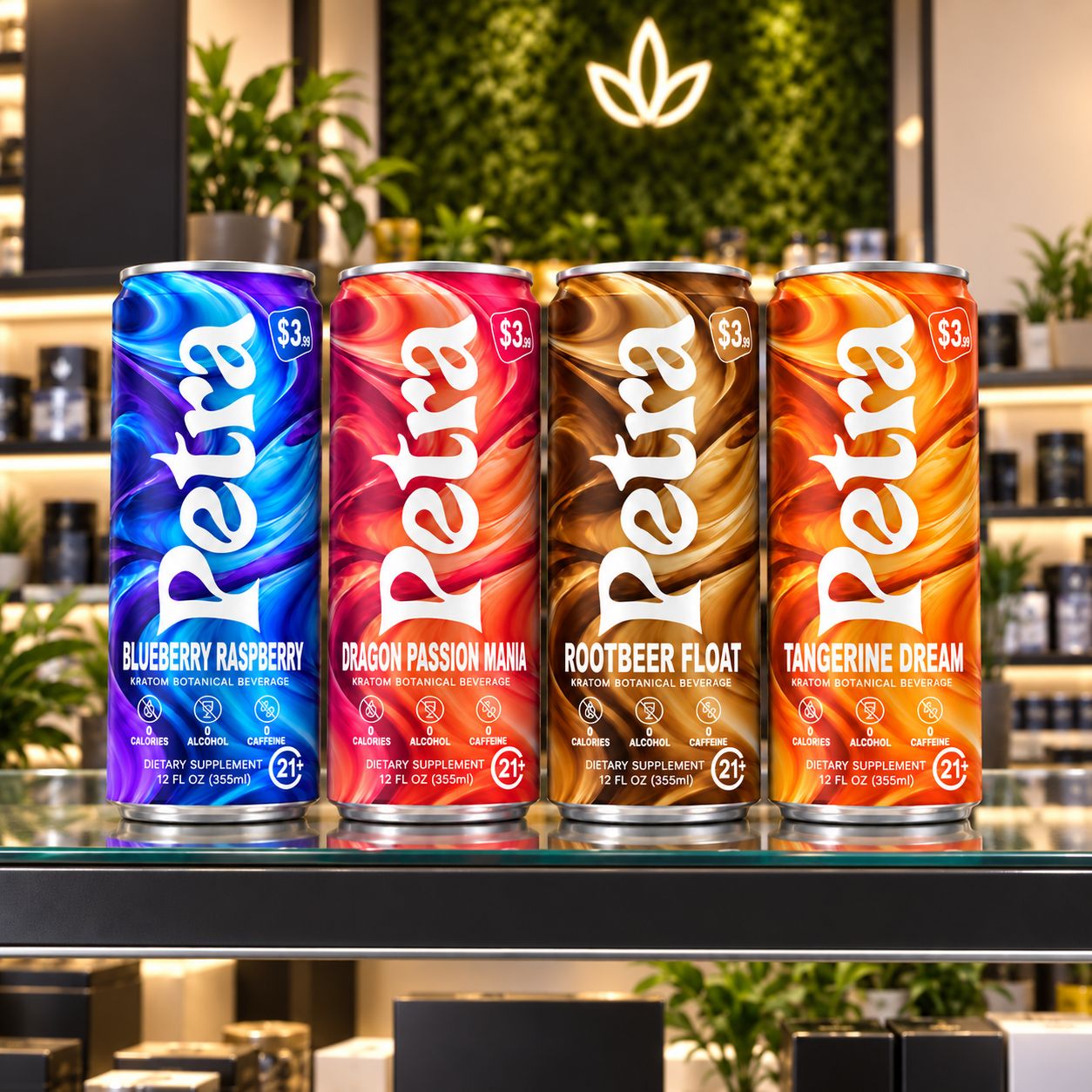 The four Petra flavors lined up on a lit retail shelf