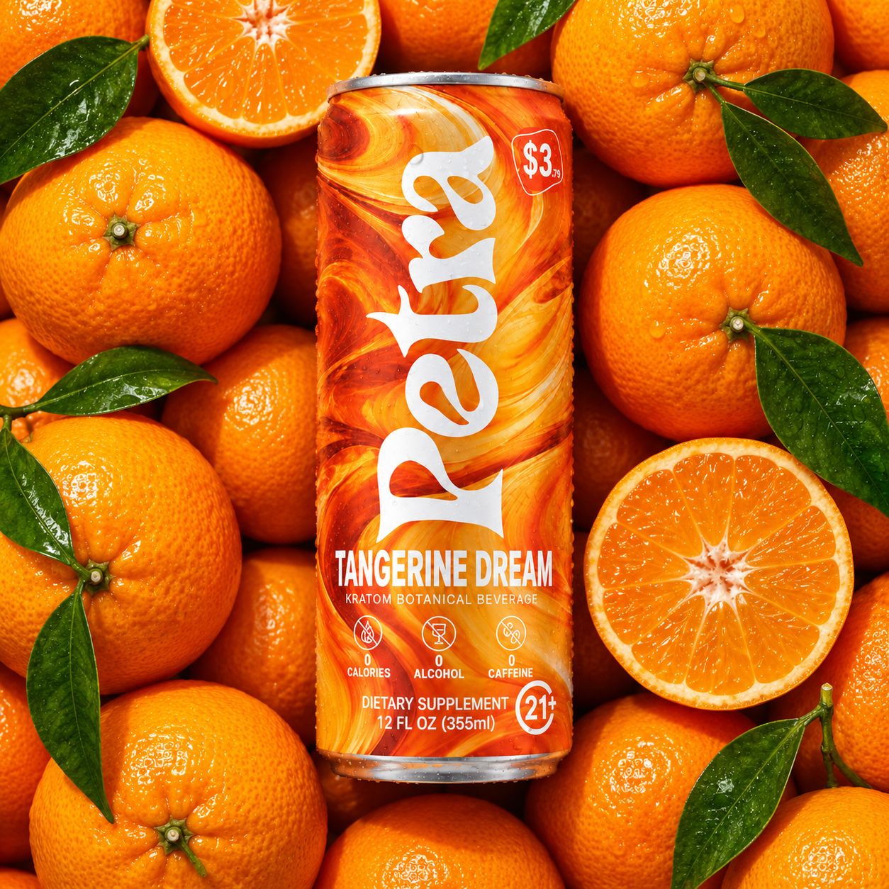A Petra Tangerine Dream can lying on a bed of whole and halved tangerines